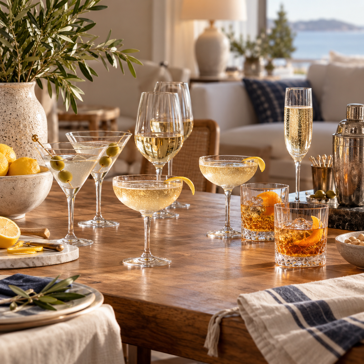 Wine, martini, champagne, and rocks glasses styled for entertaining
