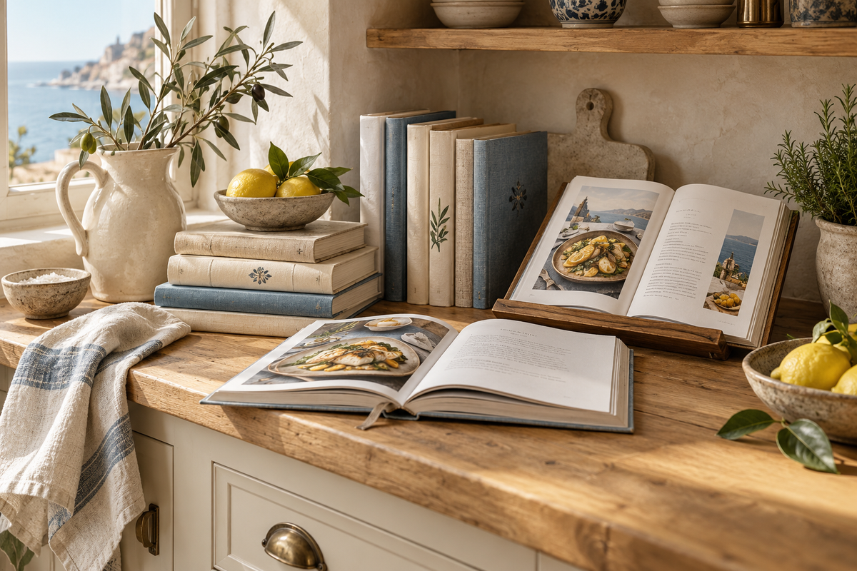 Open and stacked cookbooks in a coastal French kitchen with ivory cabinetry and warm pine wood