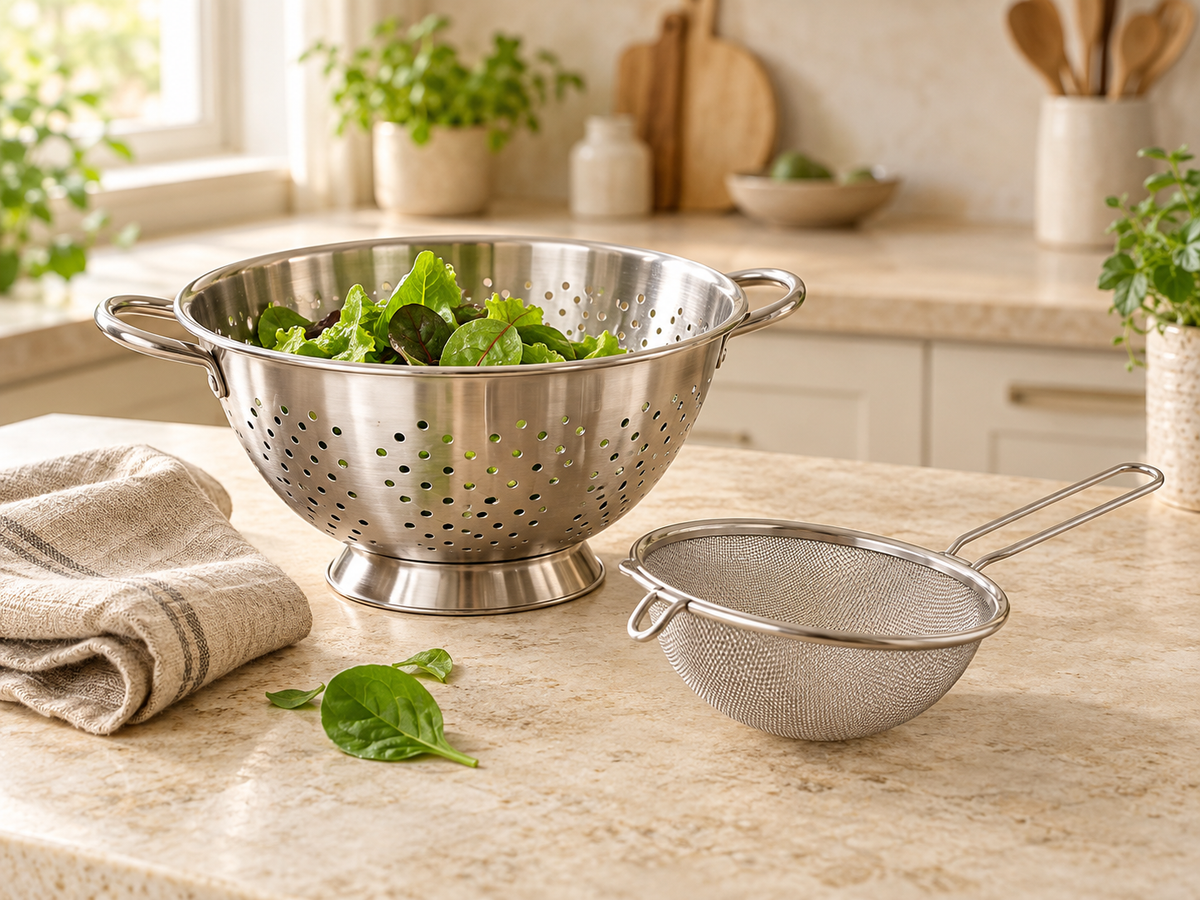 colanders strainers arranged in a warm, sunlit kitchen