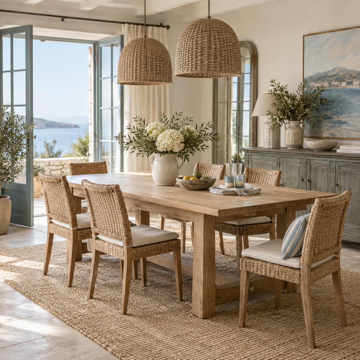 dining tables in an elegant coastal home