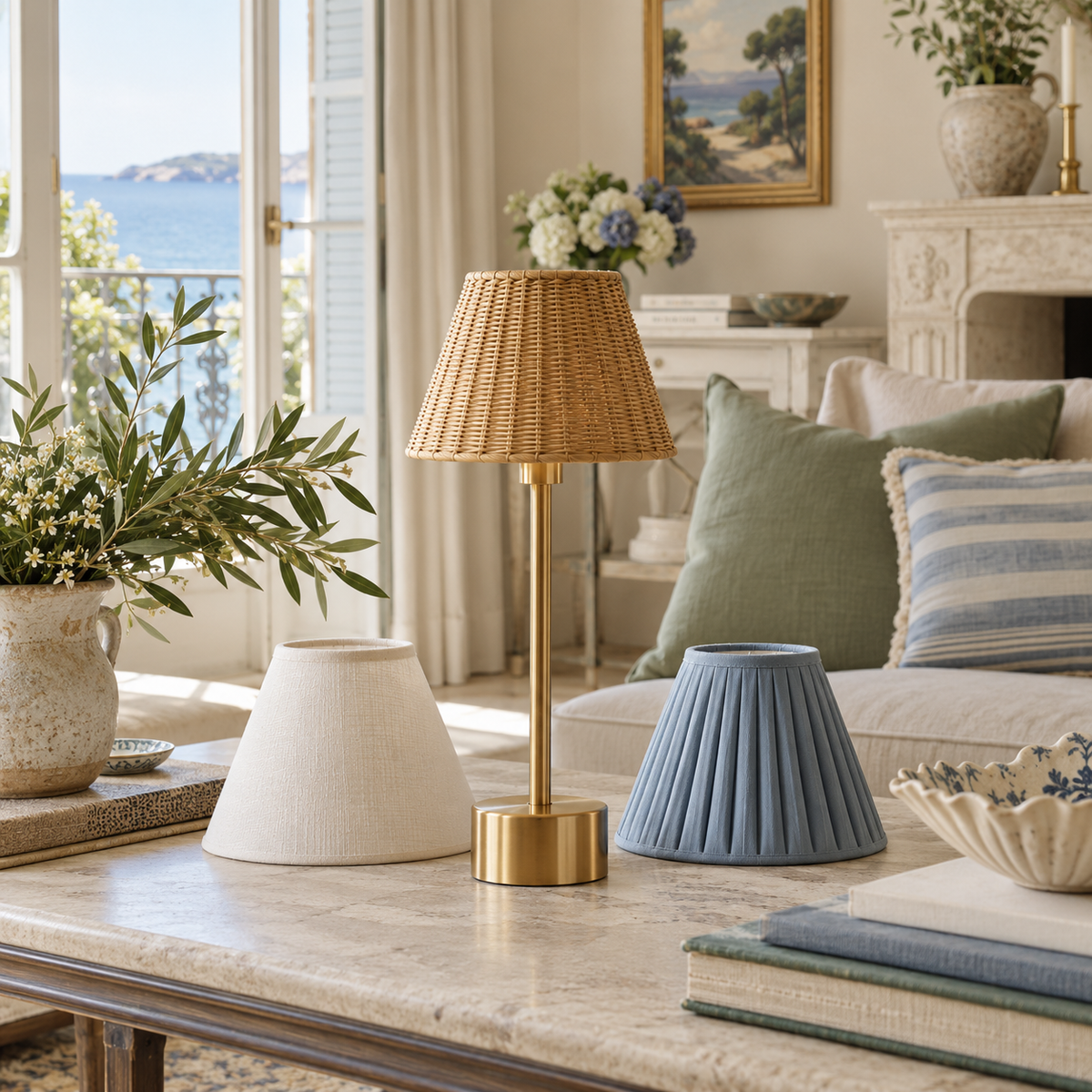 interchangeable led shades in an elegant coastal home