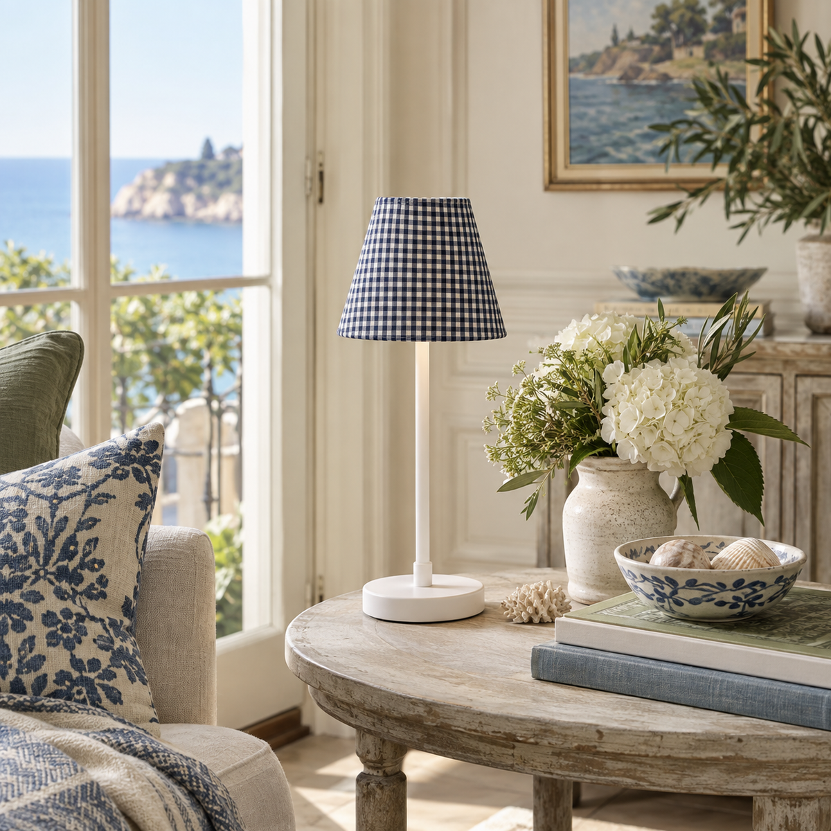led shade covers in an elegant coastal home