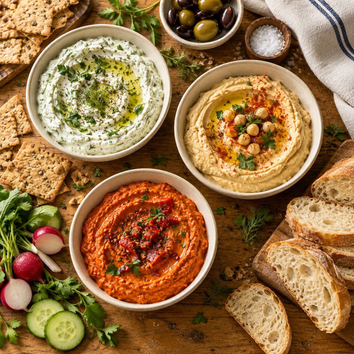 Dips & Spreads arranged on a rustic pine table
