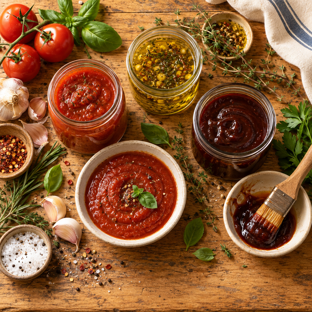 Marinades & Sauces arranged on a rustic pine table