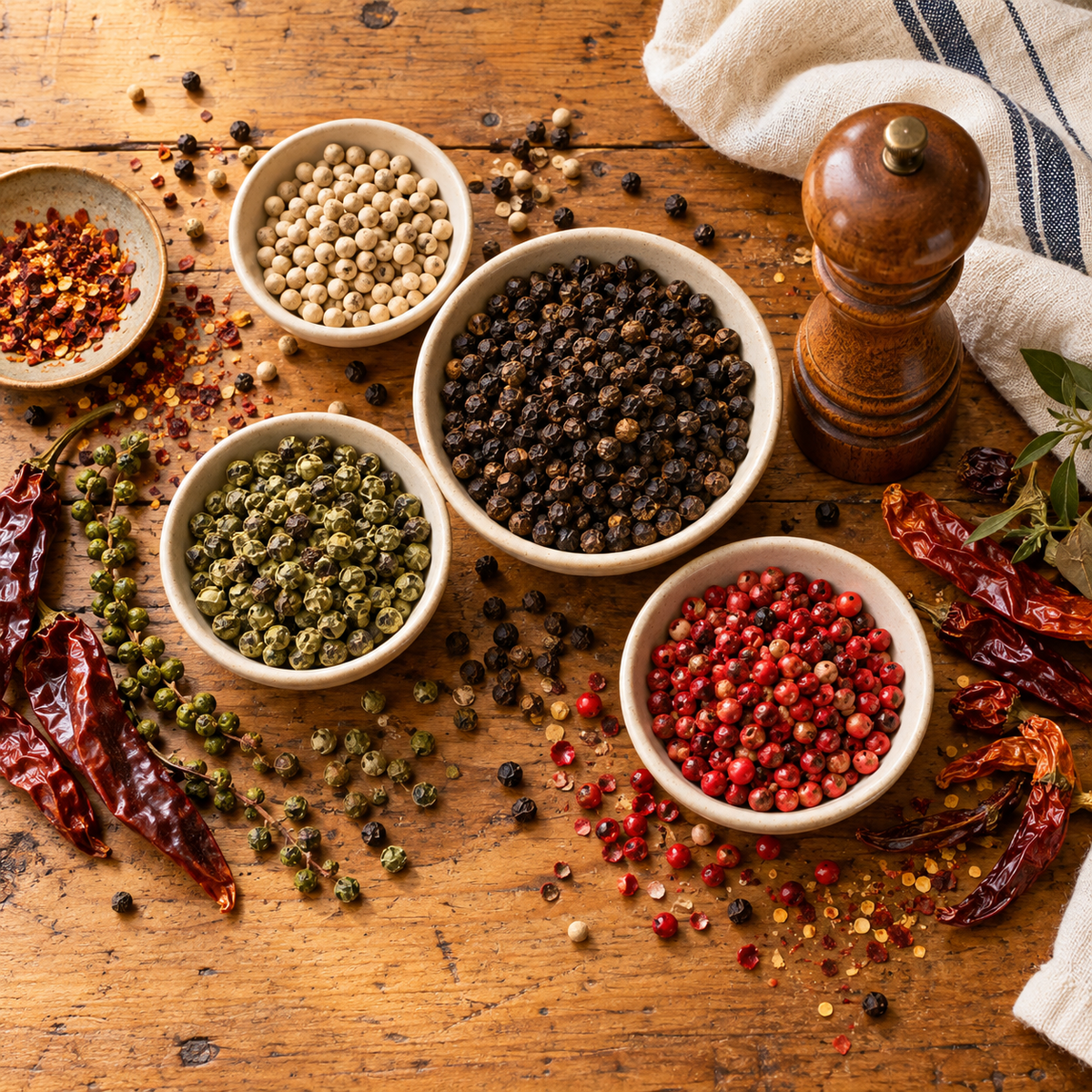 Peppers & Peppercorns arranged on a rustic pine table
