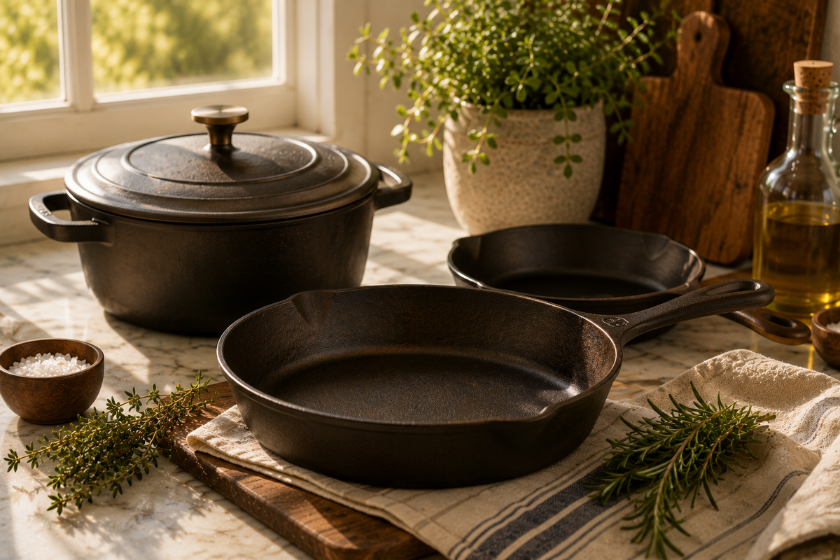 Handcrafted cast iron cookware styled on a marble kitchen island with fresh rosemary, thyme, linen towels, olive oil, and warm natural sunlight in a luxury kitchen.
