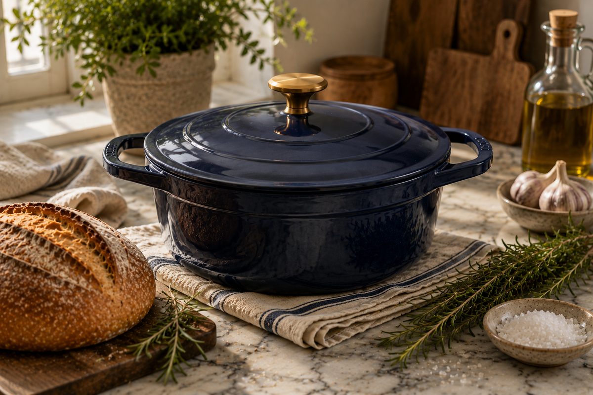 Navy Dutch oven styled on a marble kitchen island with artisan bread, fresh rosemary, linen, and warm natural light.
