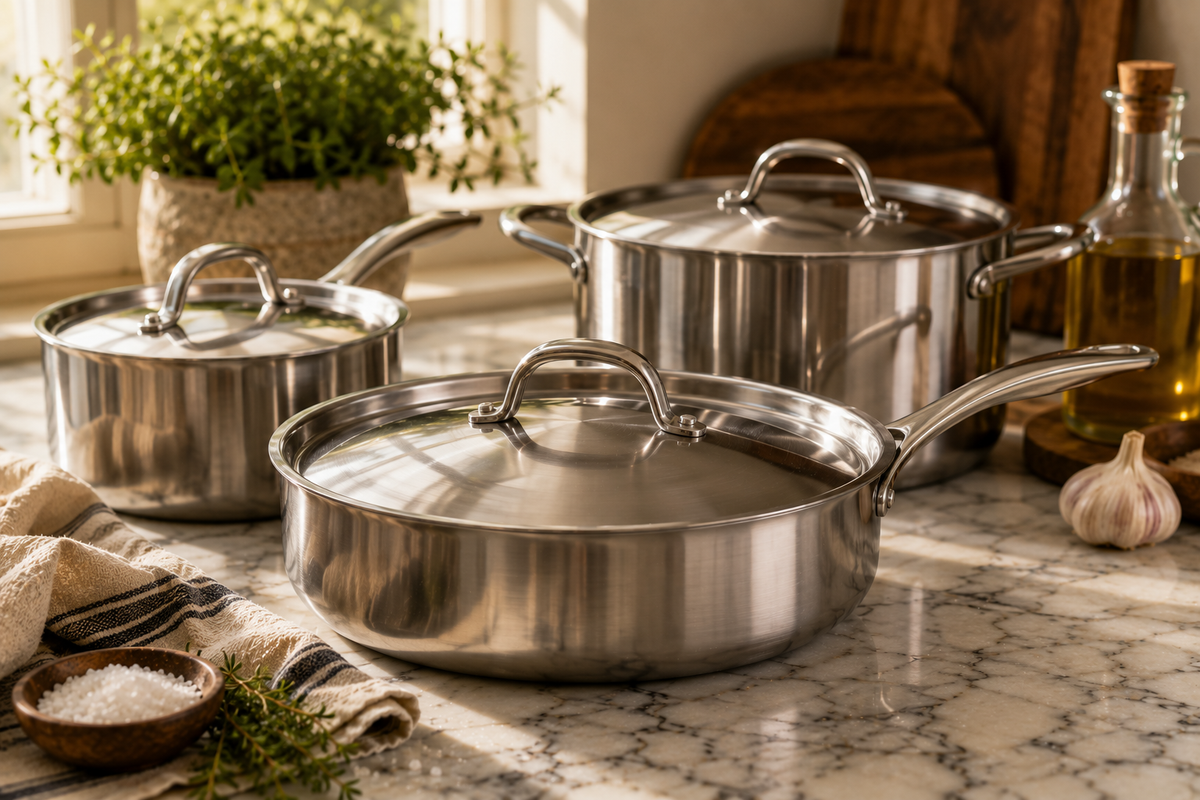 Premium stainless steel cookware arranged on a marble kitchen island with fresh herbs, olive oil, garlic, and warm natural sunlight in a luxury kitchen.