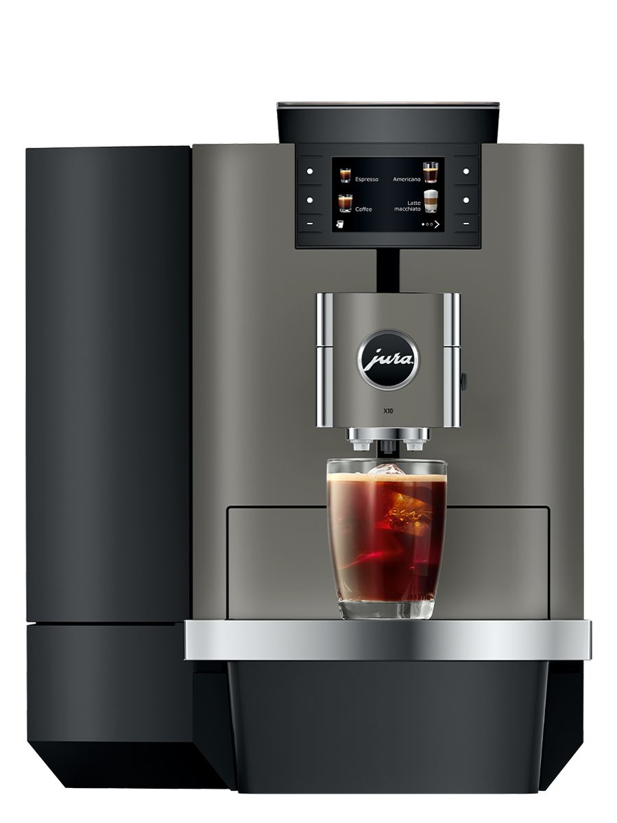 Front view of X10 Dark Inox including color display, coffee spouts, drip tray, with a cold brew coffee in a glass cup