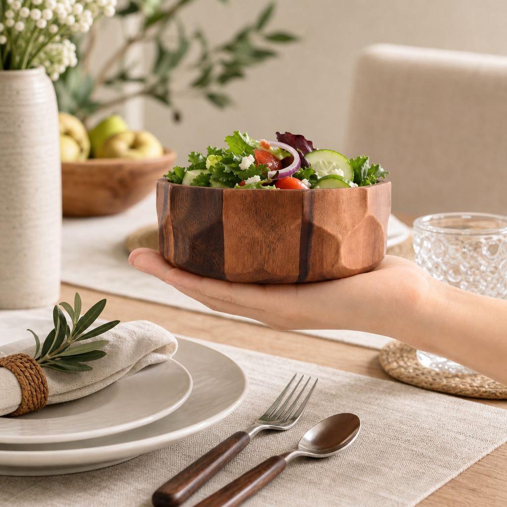 Diamond Pattern Single Acacia Wood Salad Bowl