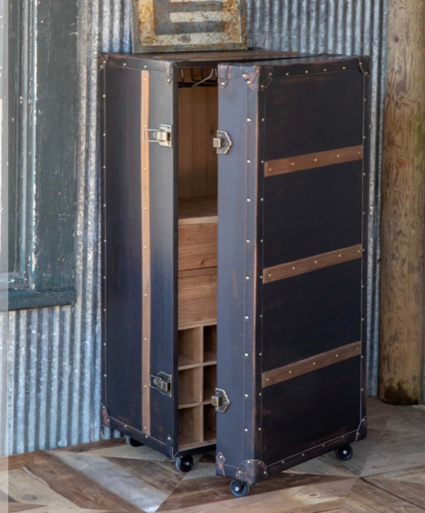 Vintage Steamer Trunk Bar Cabinet on Casters by Parkhill Collection