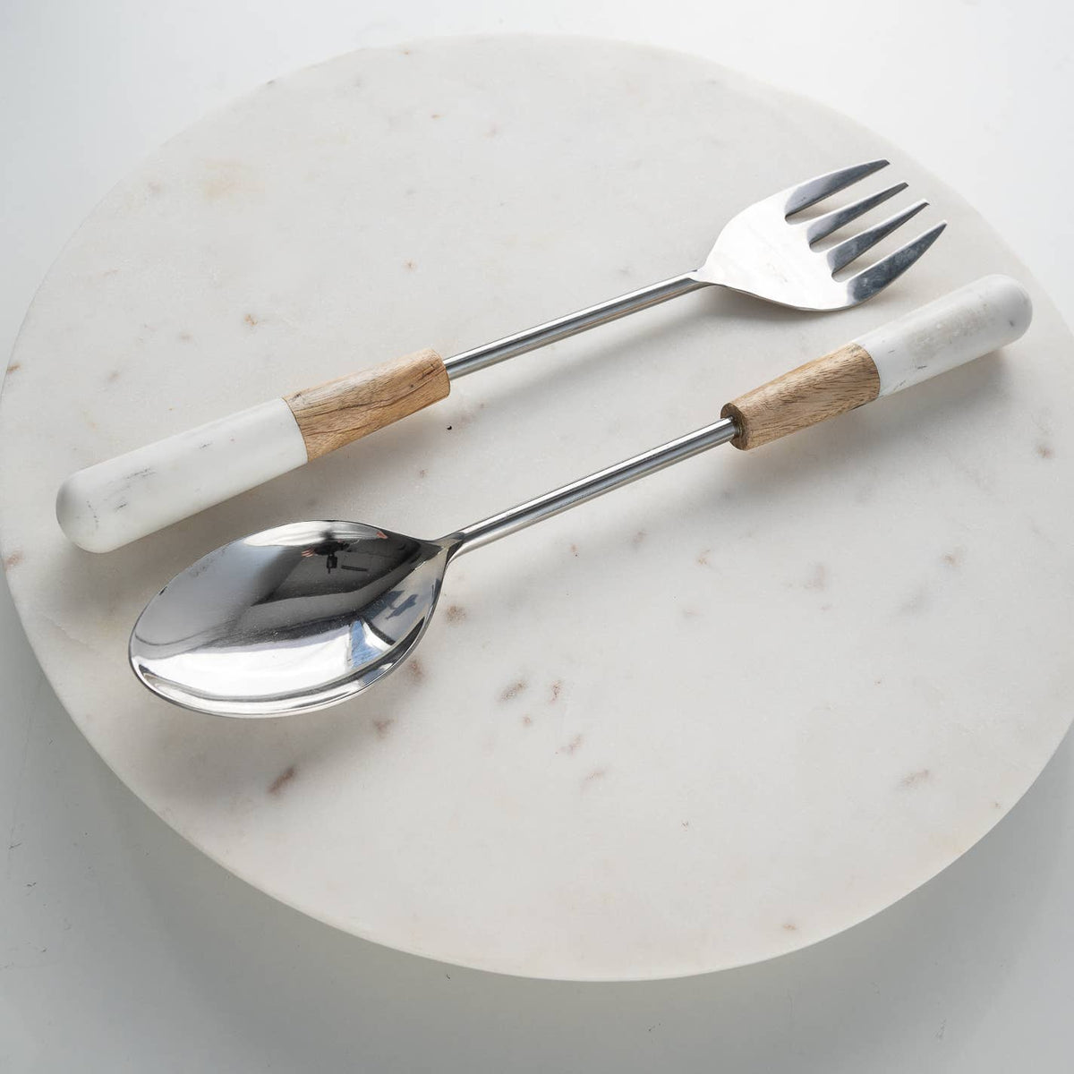 Elegant Marble & Wood Salad Servers