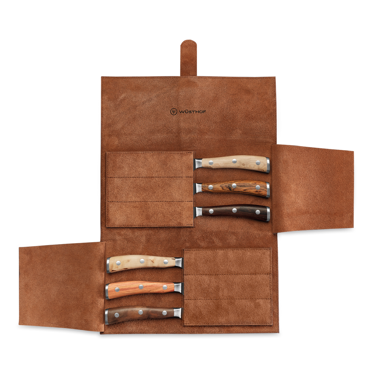 Wusthof Ikon 6-Piece Mixed Wood Steak Knife Set with Leather Knife Roll — Mixed Wood