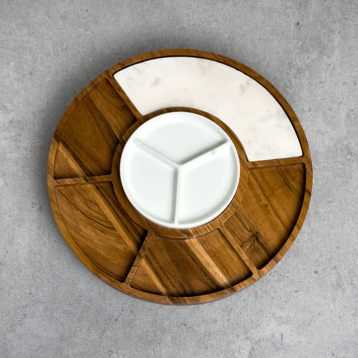 Sectioned serving tray with Wood, Ceramic, & Marble
