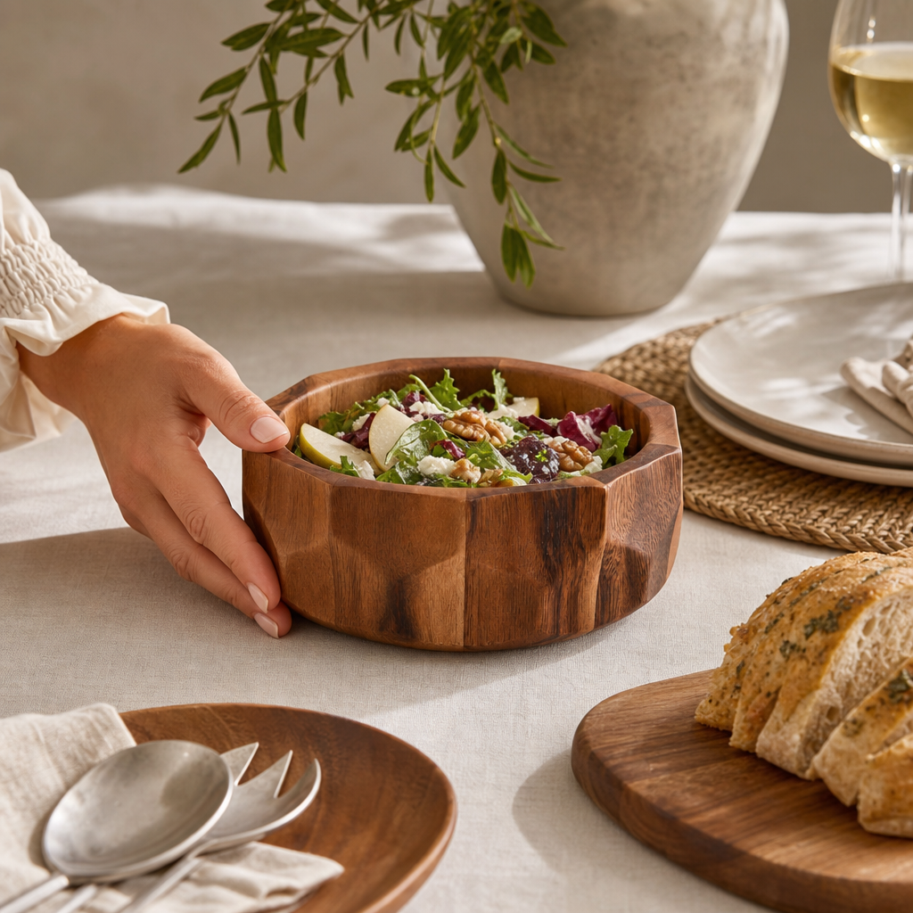 Diamond Pattern Single Acacia Wood Salad Bowl