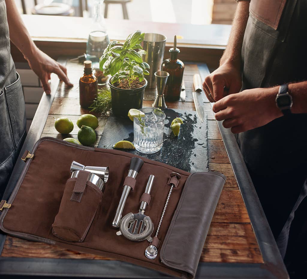 Cocktail Travel Bar Bag Roll Up Kit with 6 Essential Tools!