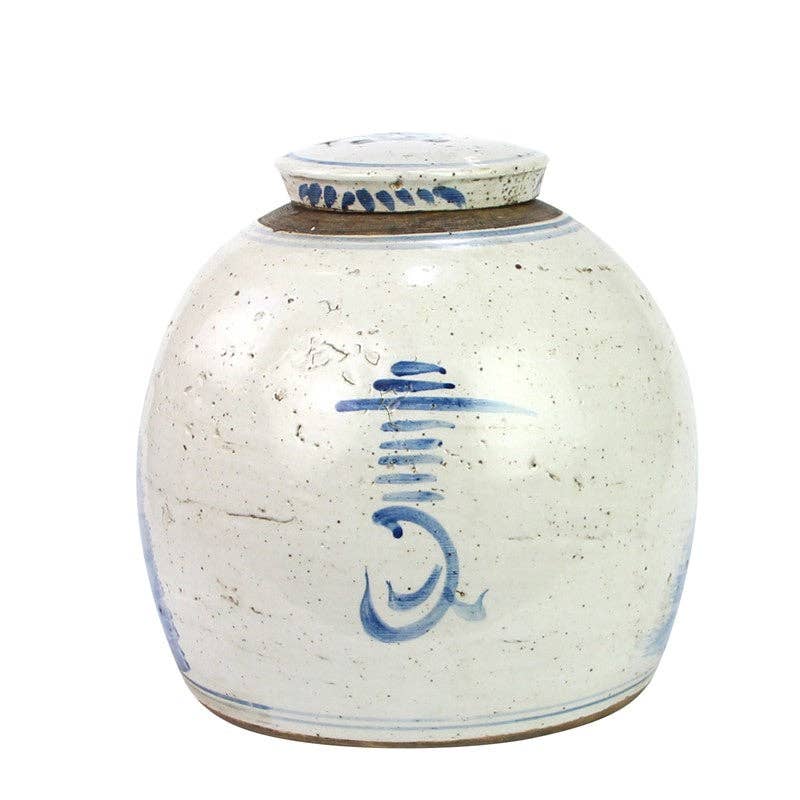 Extra Large Antiqued Bird/Floral Flat Top Jar