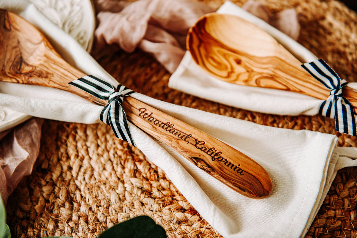 Custom City Name Olive Wood Serving Spoon & Towel Gift Set