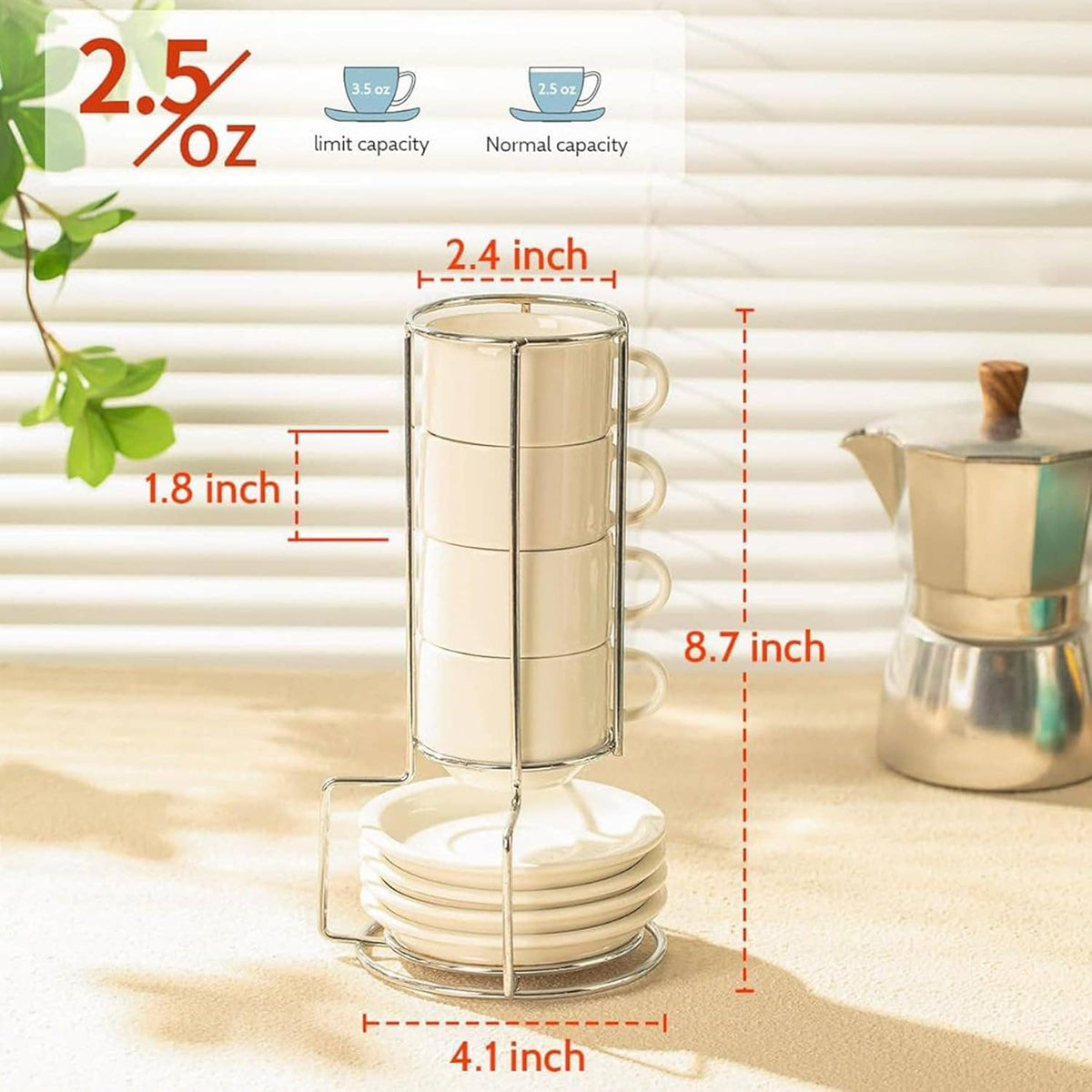 2.5 Ounce Porcelain Espresso Cups with Saucers and Stand