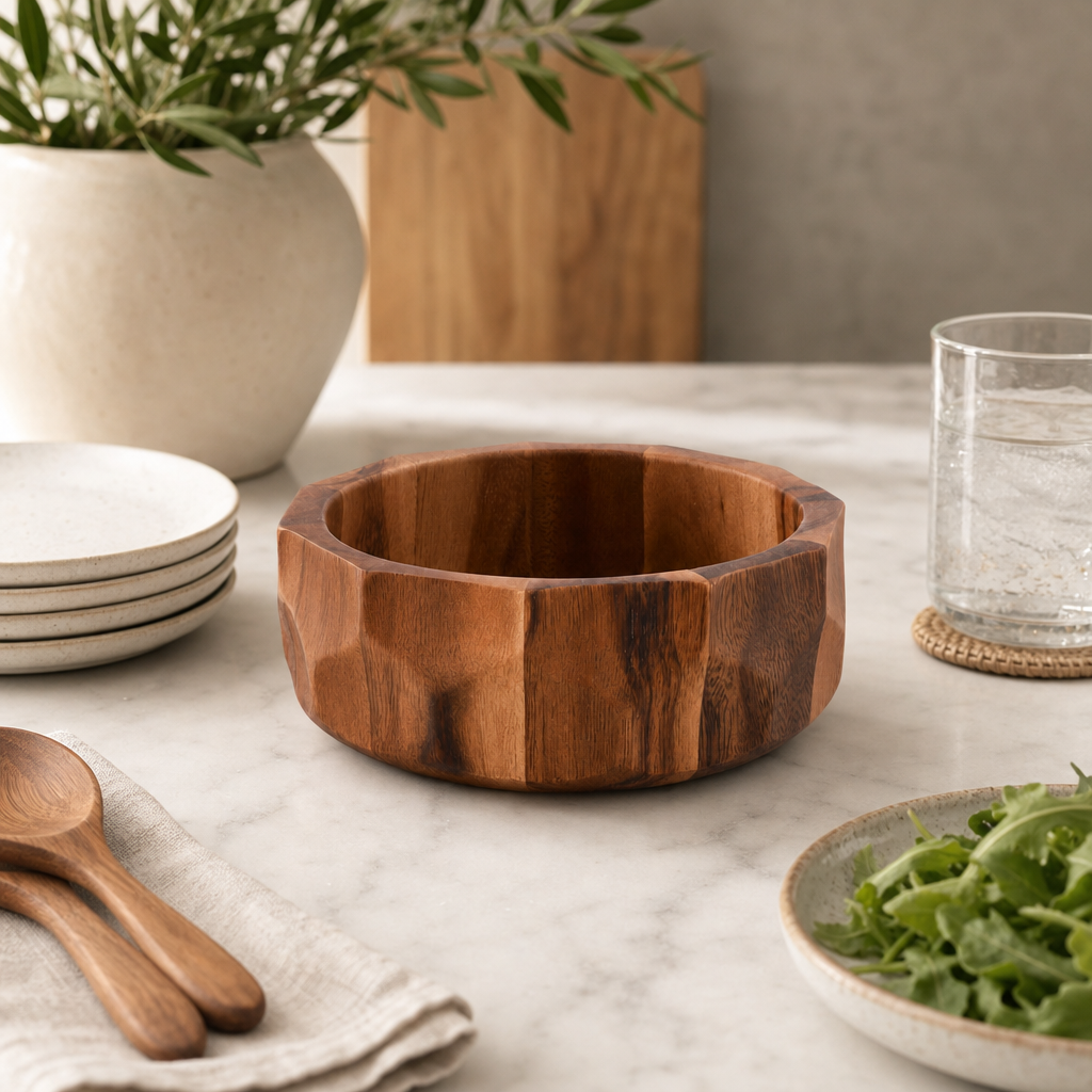 Diamond Pattern Single Acacia Wood Salad Bowl