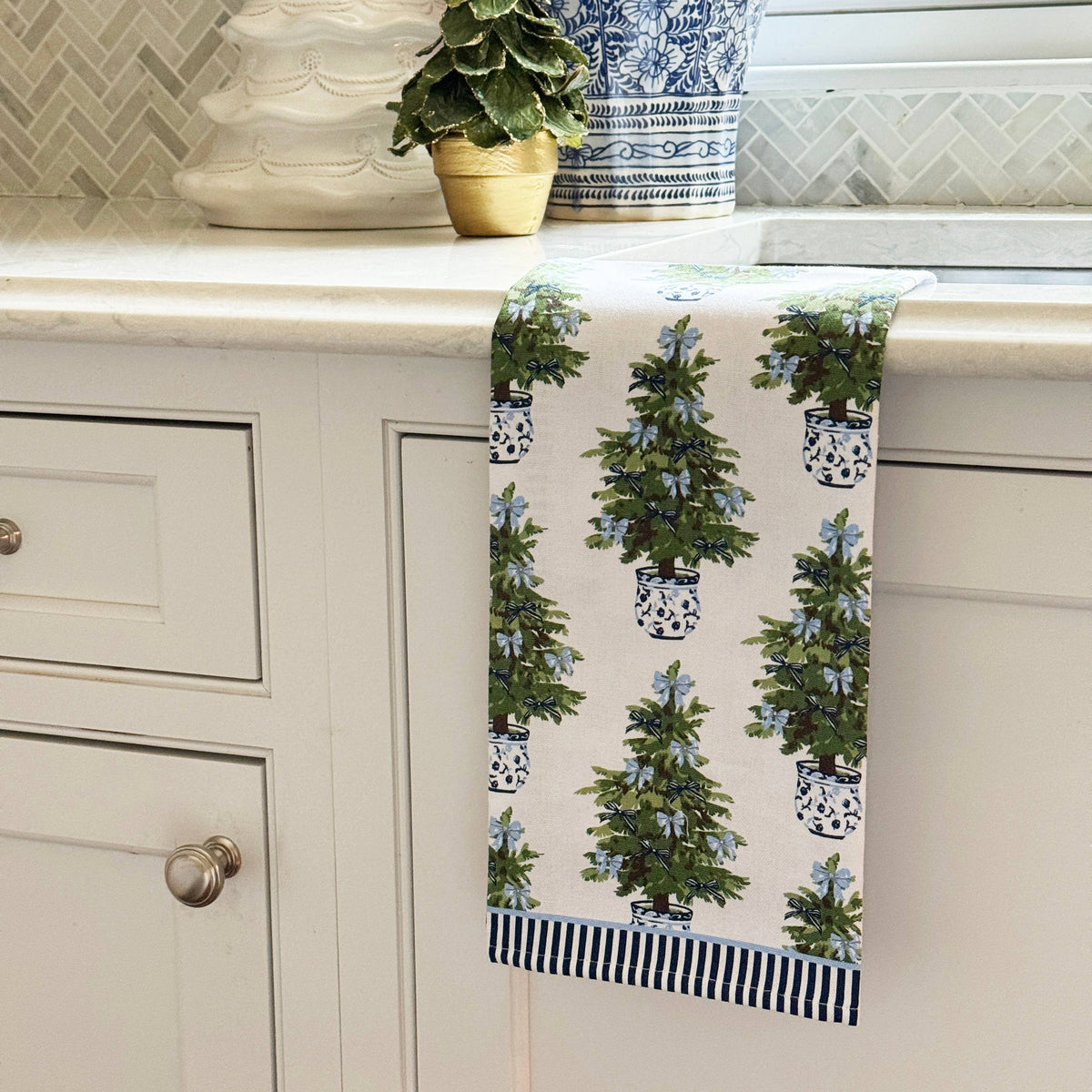 In Stock WH Hostess Tea Towel | Blue Bows Christmas Trees