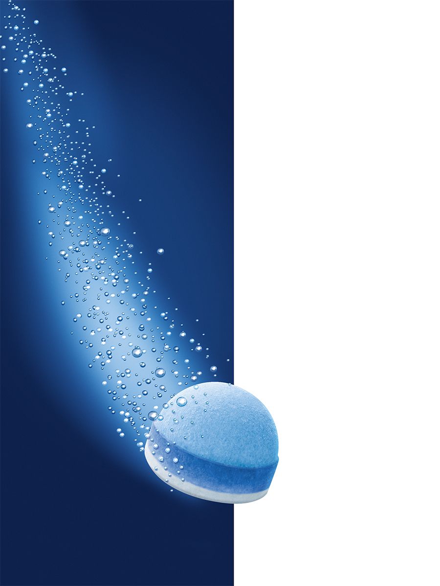 3-Phase Cleaning Tablets gliding through blue background