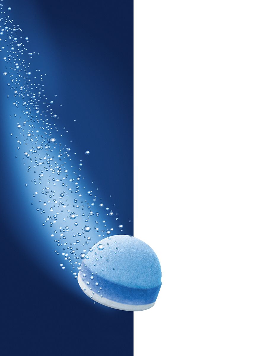 3-Phase Cleaning Tablets sliding through blue background