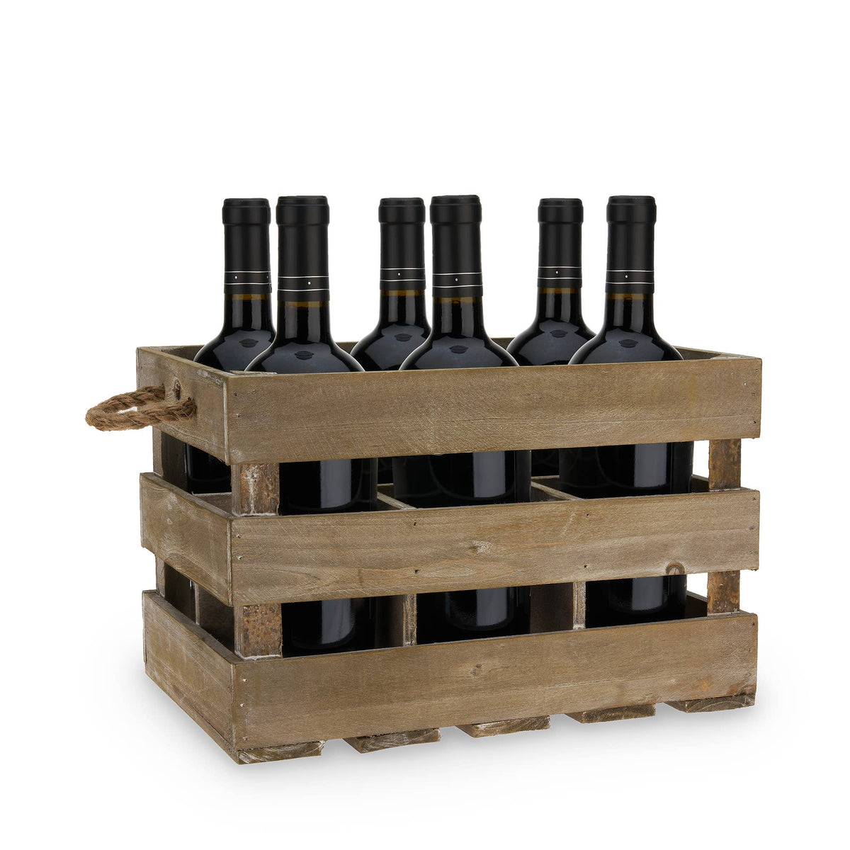 6 Bottle Rustic Fir Wood Wine Crate with Rope Handles