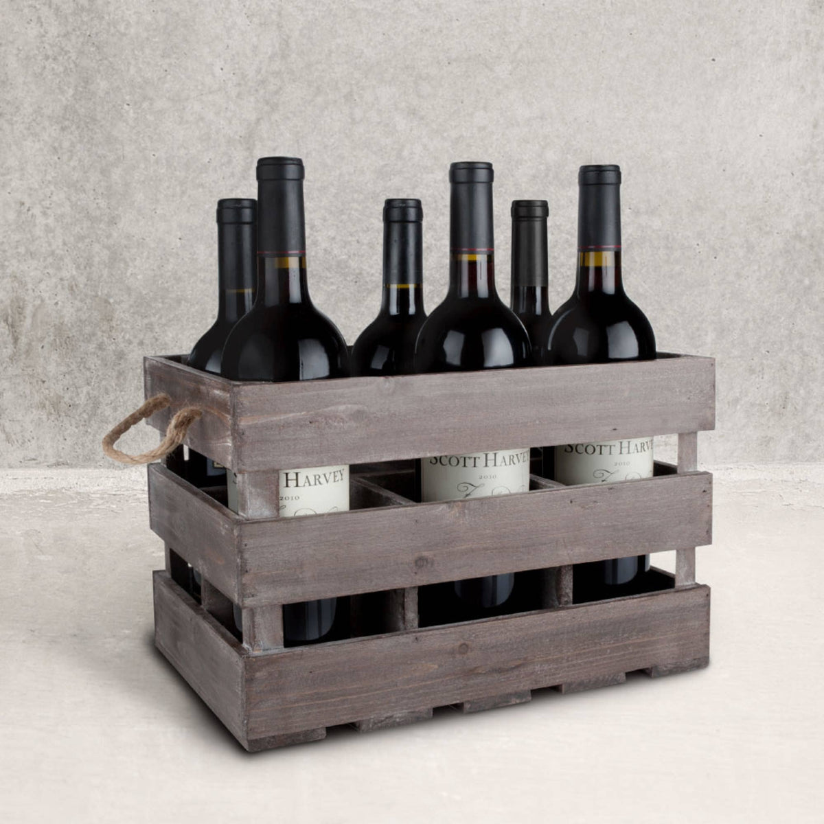 6 Bottle Rustic Fir Wood Wine Crate with Rope Handles