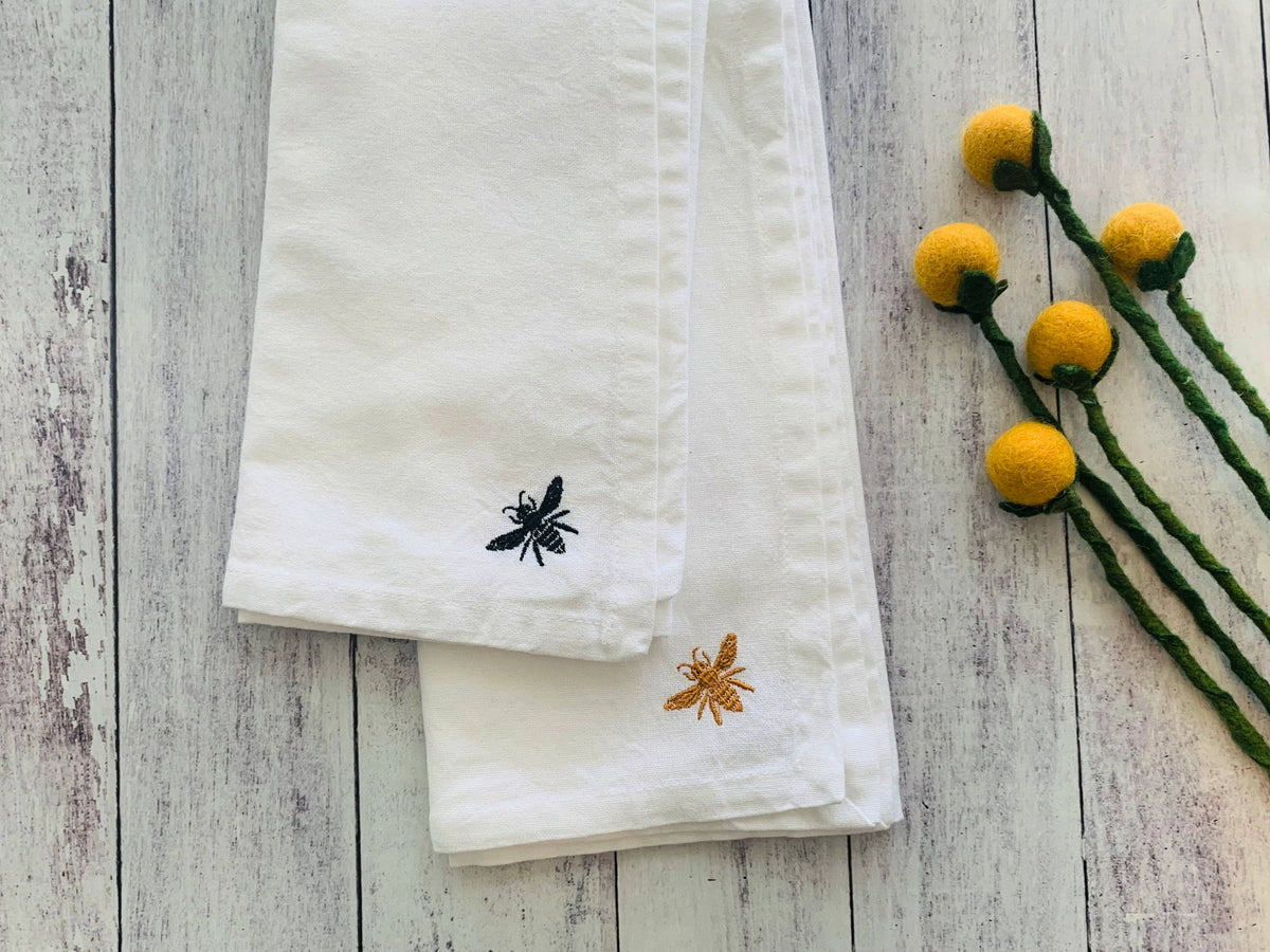 Bee Cloth Napkins, white stonewashed chambray, set of four