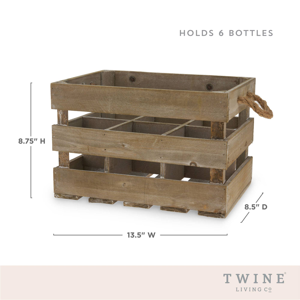 6 Bottle Rustic Fir Wood Wine Crate with Rope Handles