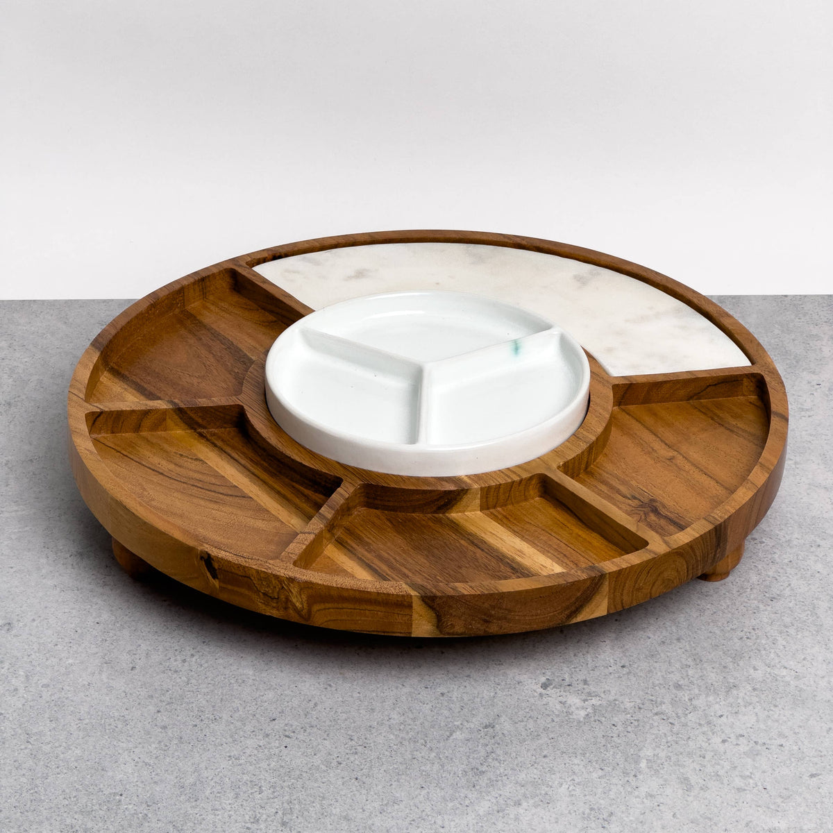 Sectioned serving tray with Wood, Ceramic, & Marble