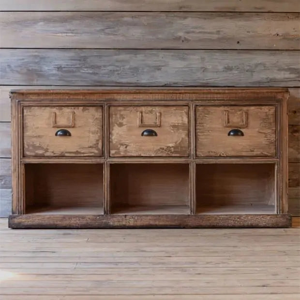 Vintage Farmhouse Bin Console Table | Rustic Storage Cabinet | Solid Wood
