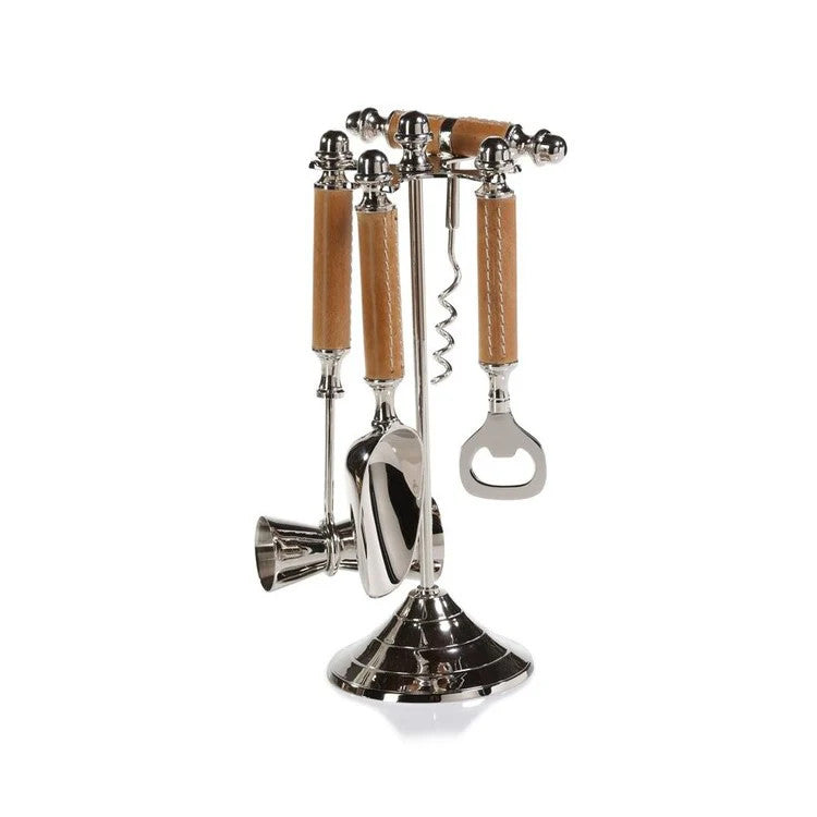 Polished Nickel and Leather Bar Tool Set*