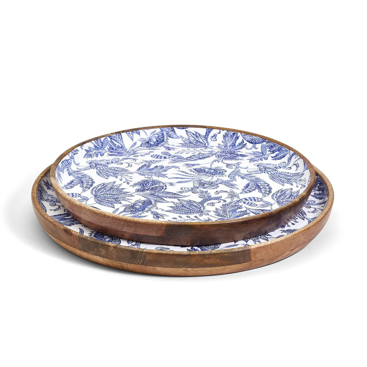 Blue Batik Hand-Crafted Wood Round Platters Set/2
