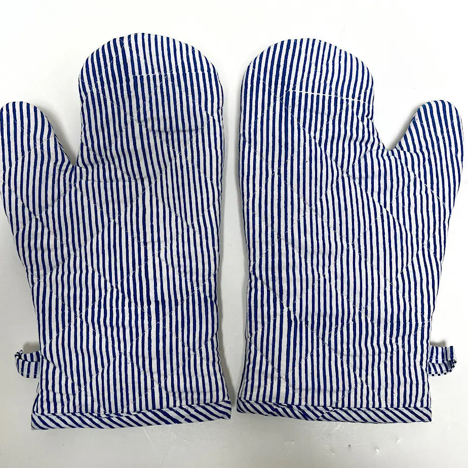 Oven Mitts Pair Stripe Blue and Natural
