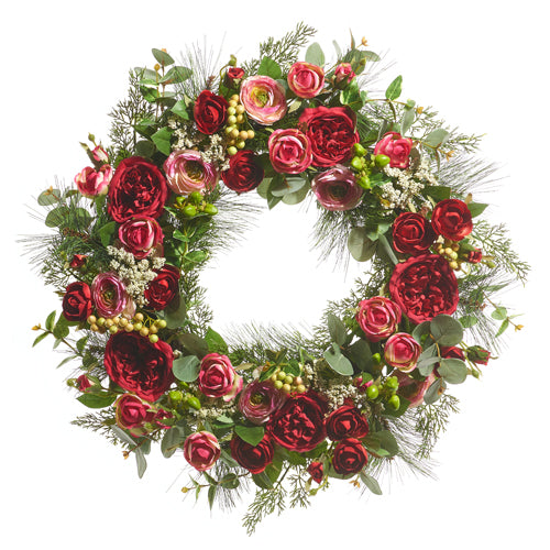 24" Rose Mixed Greenery Wreath