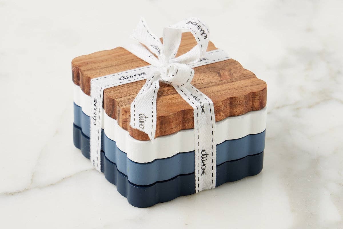 Scalloped Wood Coasters, Square, Maritime Colors, Set of 4