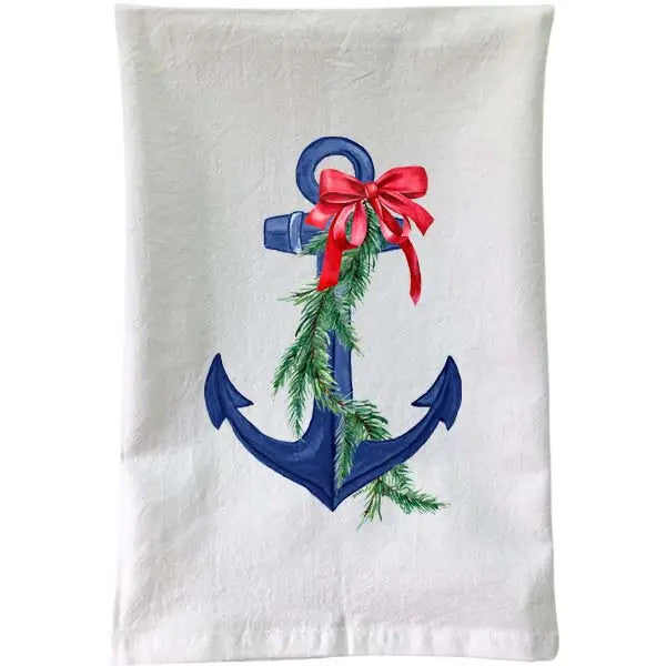 Christmas - Blue Anchor Bow Flour Sack Towel