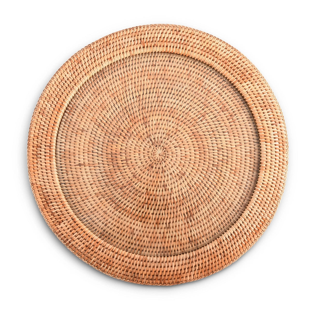 Round Serving Tray Hand Woven Wicker Rattan - Glass Insert