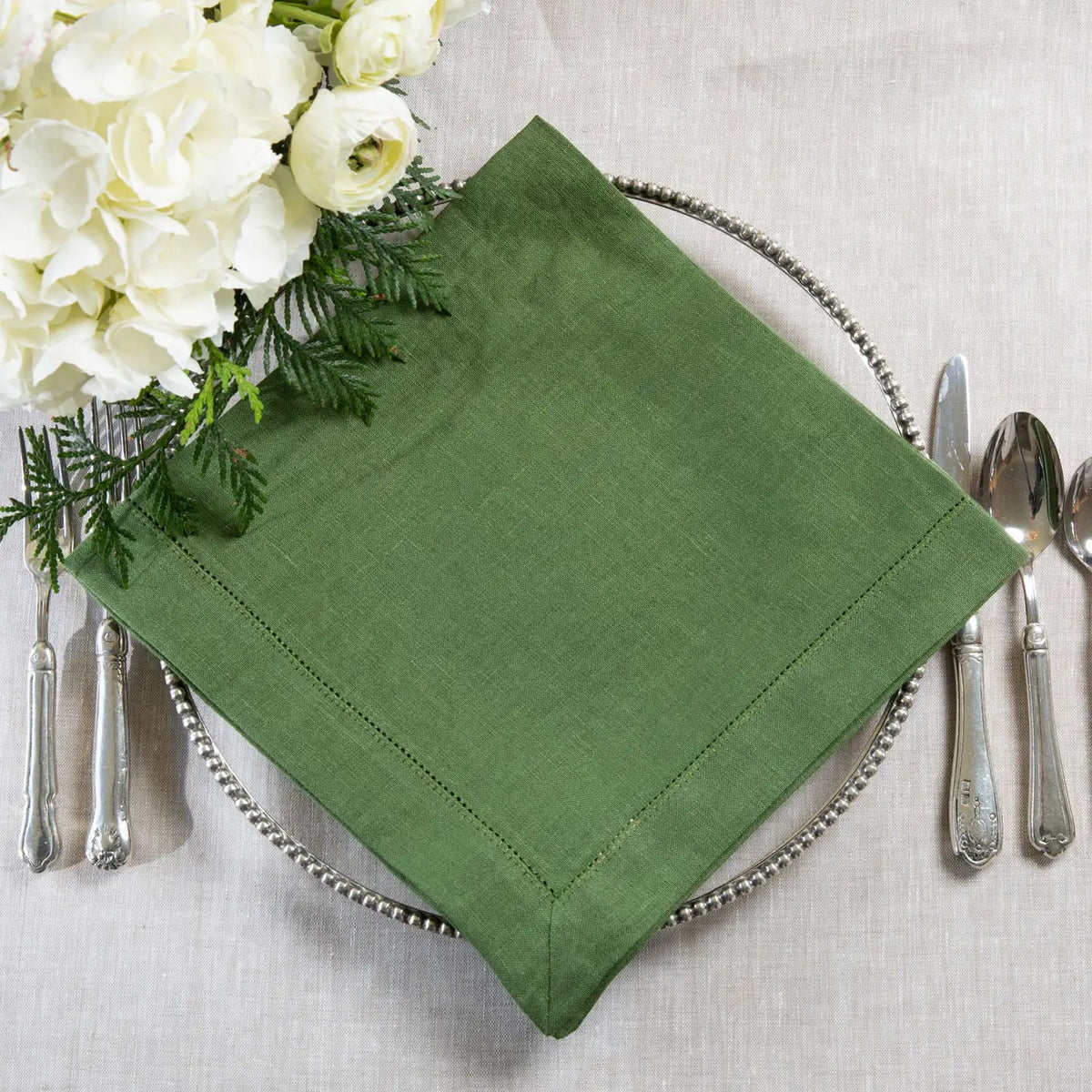 Hemstitch Large Linen Napkin Evergreen
