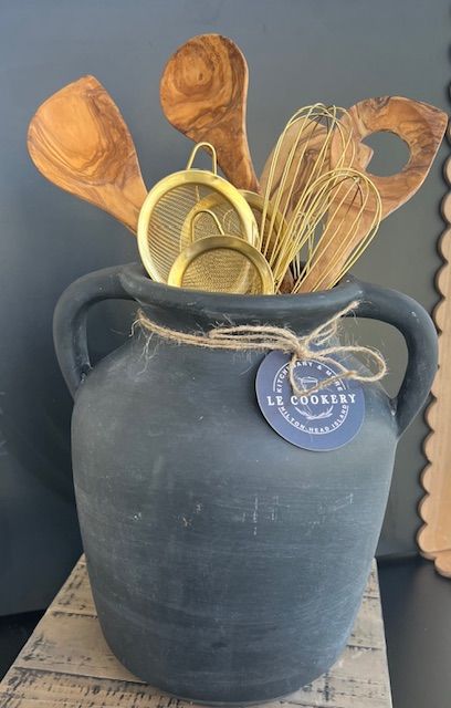 Rustic Italian Utensil Crock or Vase with Italian Olive Wood & Gold Utensils