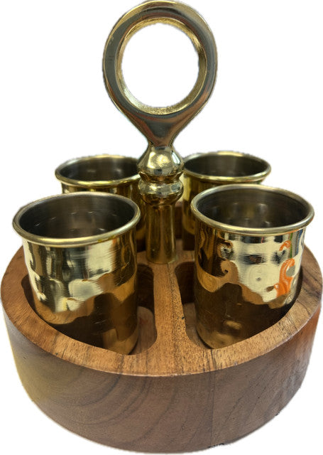 Wooden Holder with Gold Accents and Glasses
