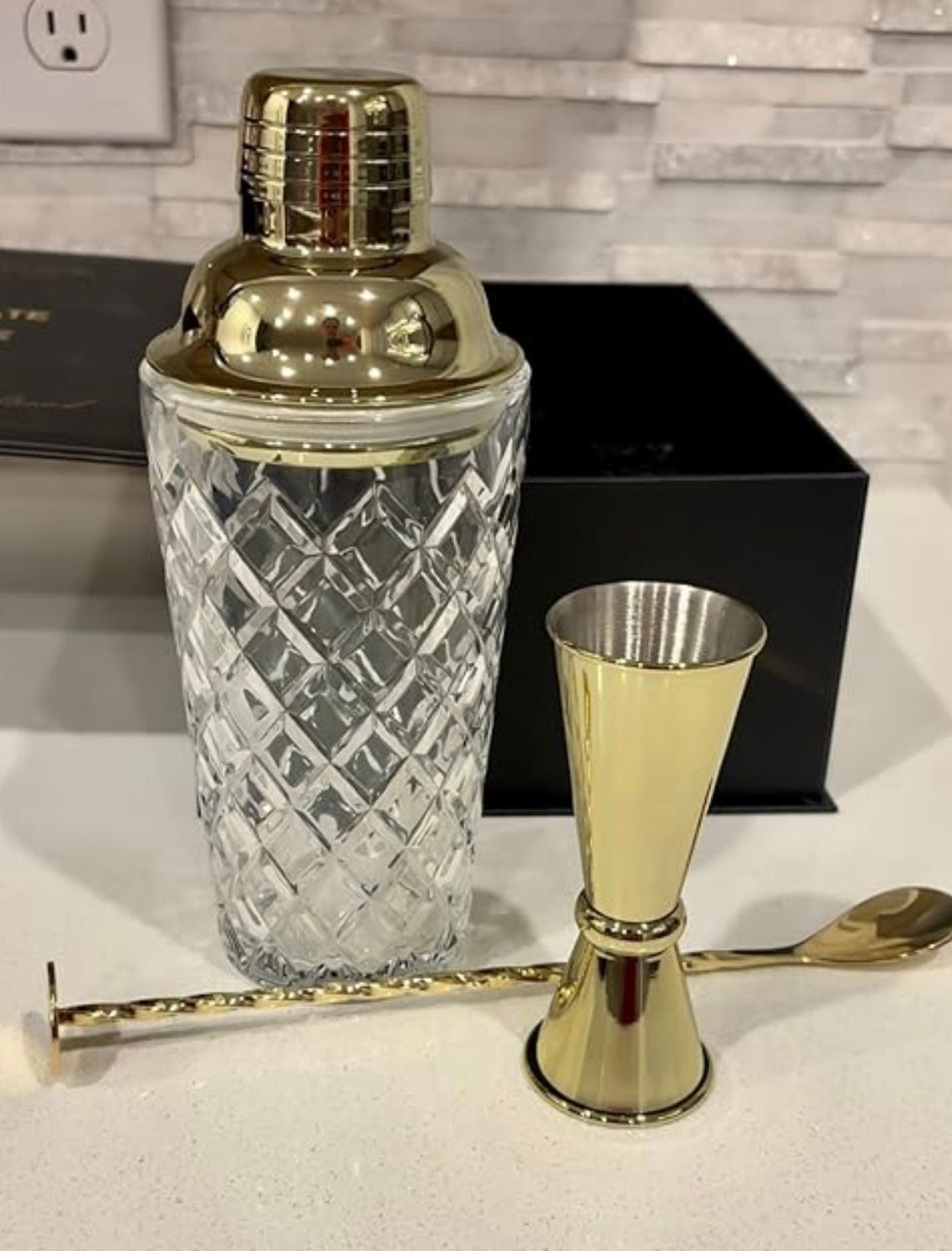 Three Piece Cut Glass & Gold Cocktail Set