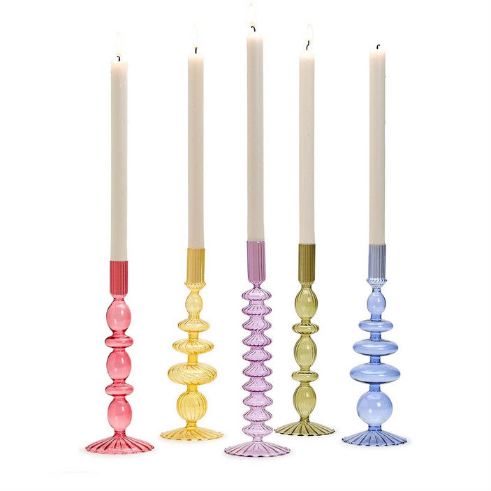 Hand-Blown Glass Taper Candlestick Candleholders, Set of 5 Bright Colors