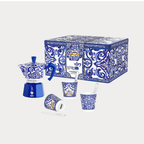 Bialetti Moka Dolce & Gabbana 3-Cup + 3 Espresso Cups & Stirrers Gift Set, Blu Mediterraneo