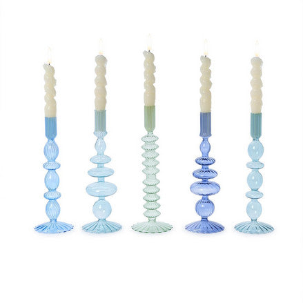 Shades of Blue Hand-Blown Glass Taper Candlestick Candleholders (Set/ 5)
