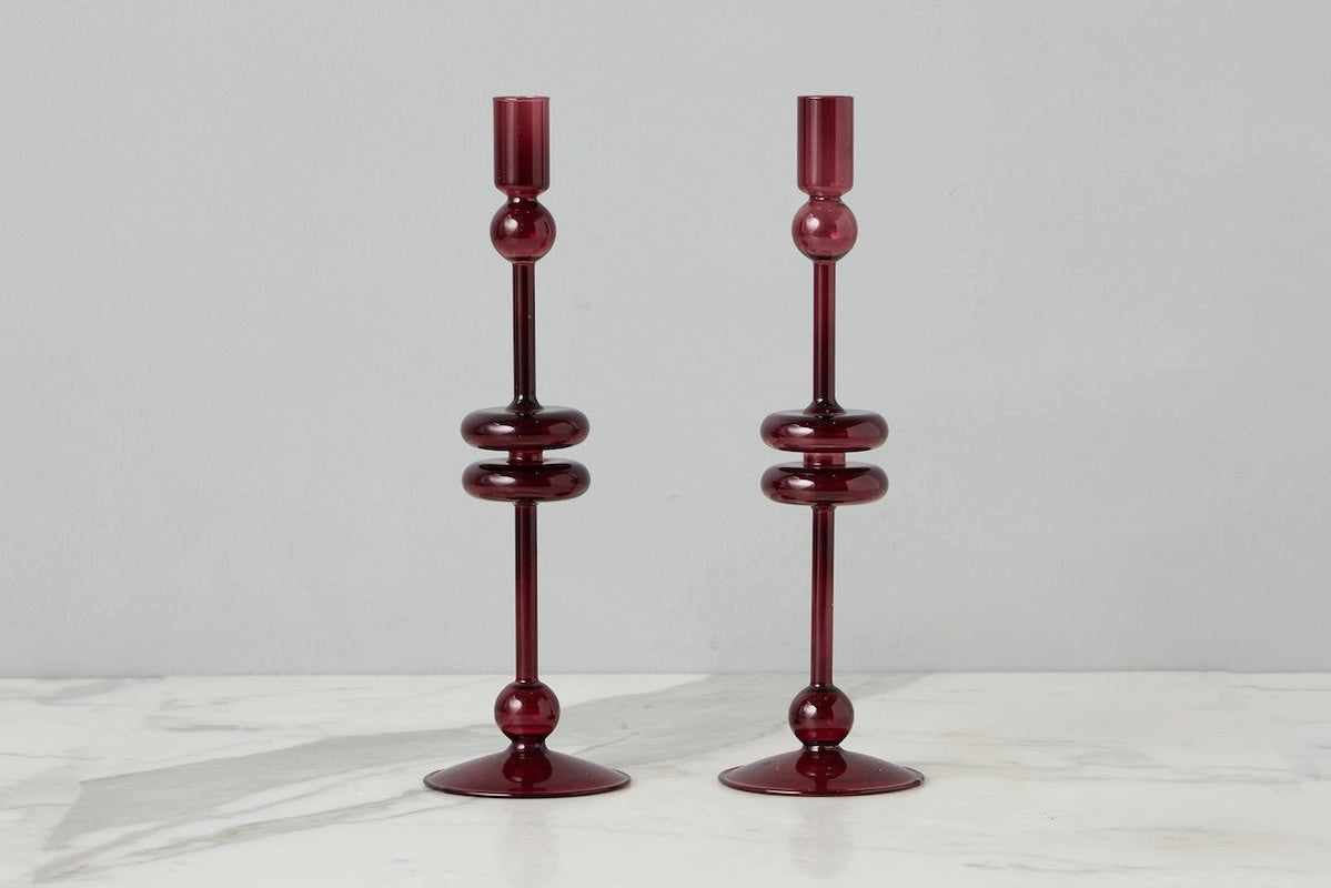Merlot Red Glass Candlestick, Large