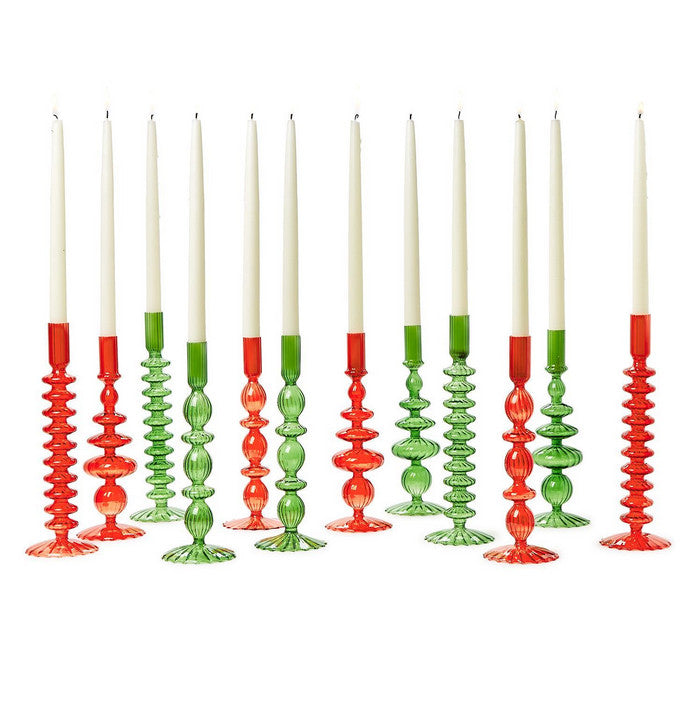 Set of Hand-Blown Glass Taper Candlesticks-Red & Green
