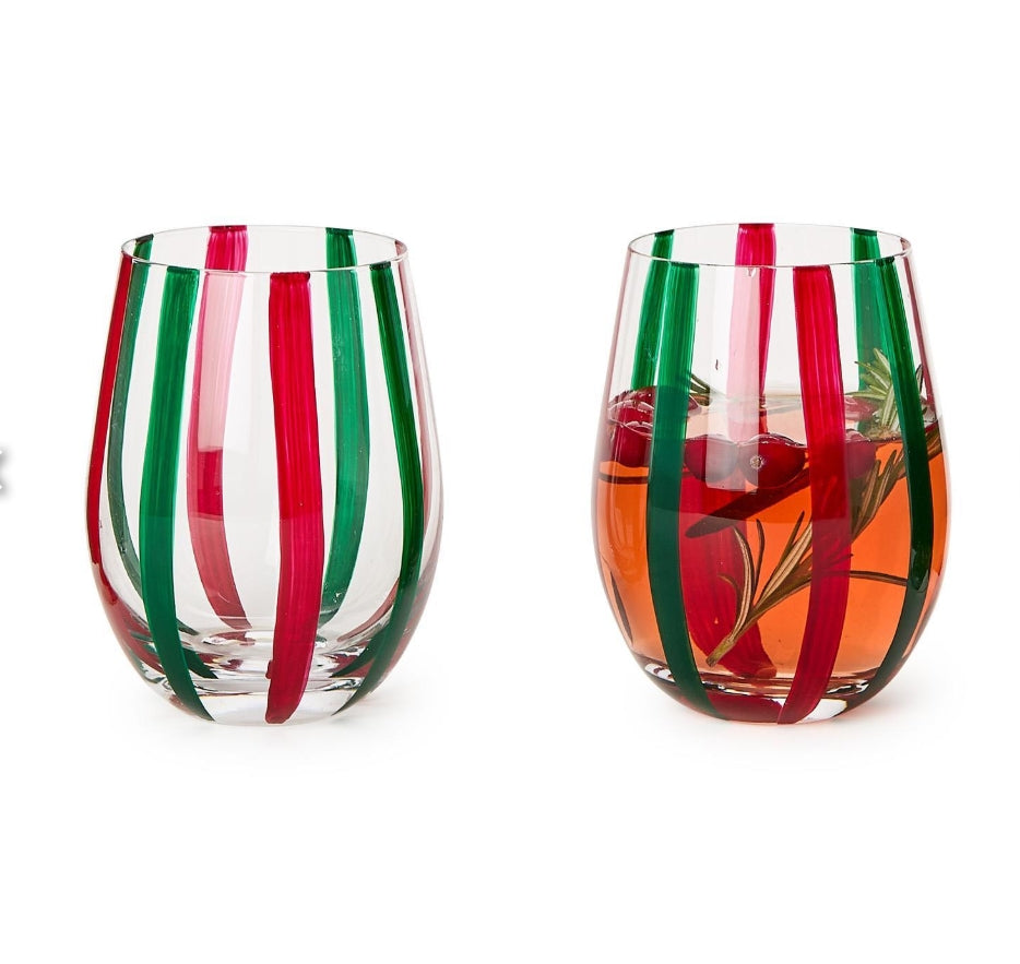 Holiday Cheer Set of 2 Red and Green Stripes Stemless Wine Glass
